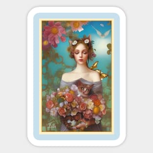 Painting of girl with roses and cat by Ziola Rosa - nature art deco rose Sticker